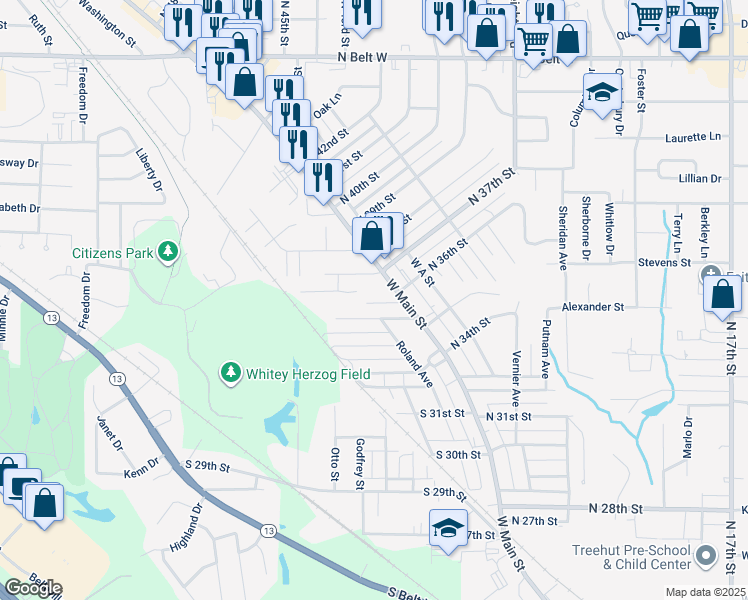 map of restaurants, bars, coffee shops, grocery stores, and more near in Belleville
