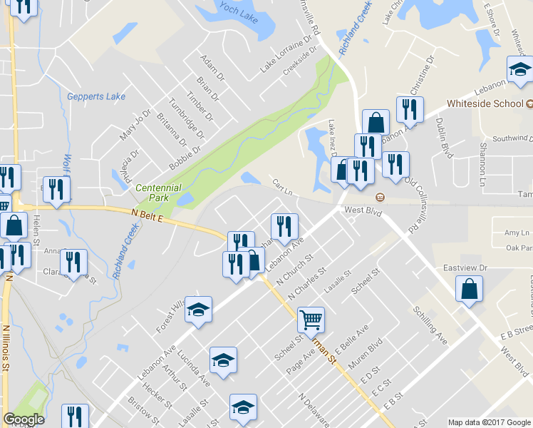 map of restaurants, bars, coffee shops, grocery stores, and more near 1411 Commercial Street in Belleville
