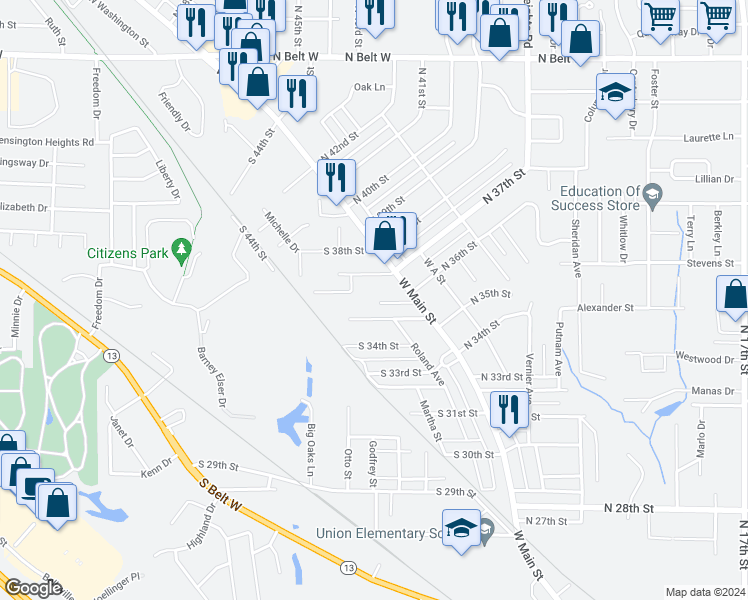 map of restaurants, bars, coffee shops, grocery stores, and more near 53 Kingery Court in Belleville