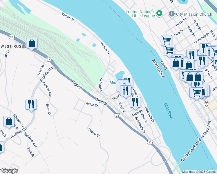 map of restaurants, bars, coffee shops, grocery stores, and more near 451 Cs-3087 in Russell