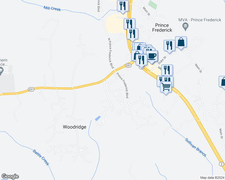 map of restaurants, bars, coffee shops, grocery stores, and more near 111 Clydesdale Lane in Prince Frederick
