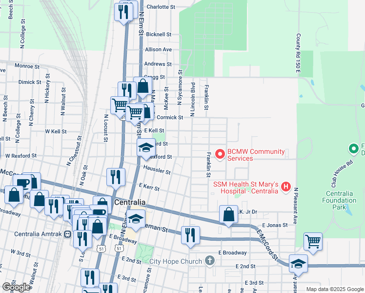 map of restaurants, bars, coffee shops, grocery stores, and more near 707 Howard Street in Centralia