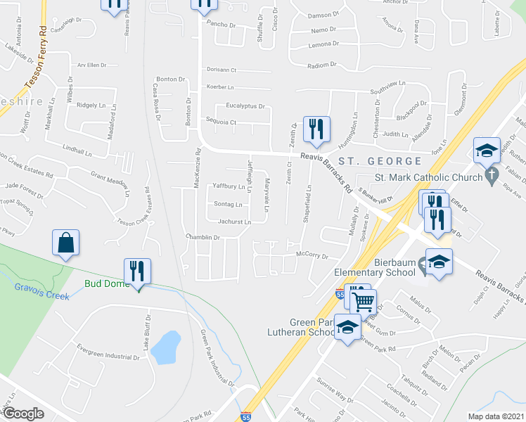 map of restaurants, bars, coffee shops, grocery stores, and more near 10143 Maryvale Lane in Affton