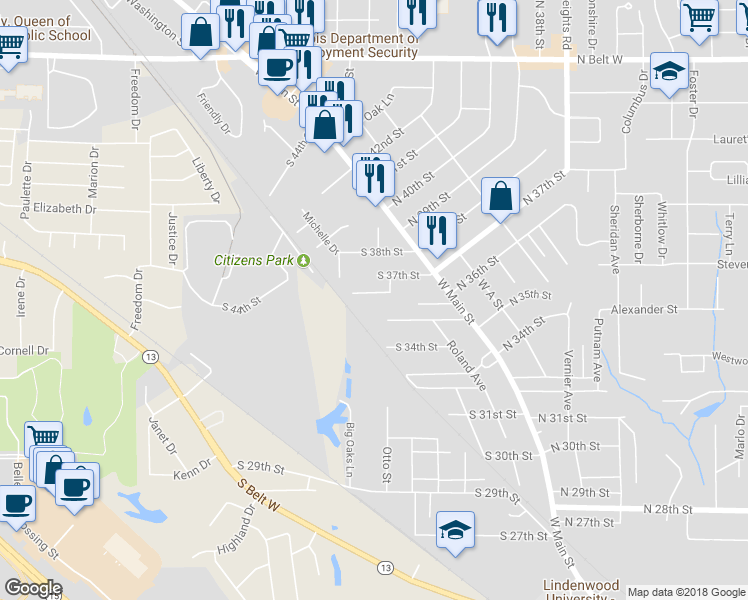 map of restaurants, bars, coffee shops, grocery stores, and more near 110 South 37th Street in Belleville