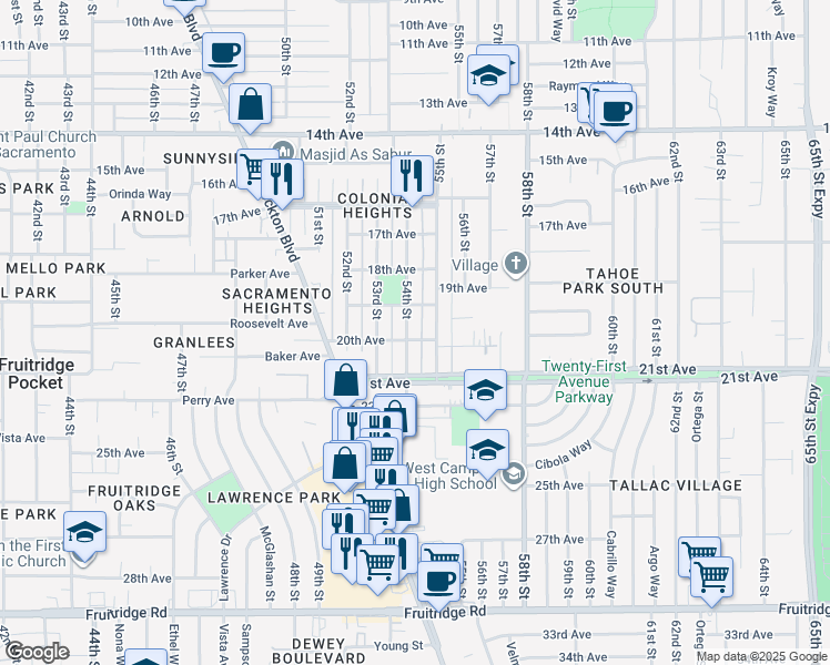 map of restaurants, bars, coffee shops, grocery stores, and more near 4445 54th St in Sacramento