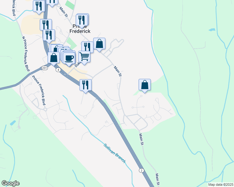 map of restaurants, bars, coffee shops, grocery stores, and more near 701 Maryland 765 in Prince Frederick