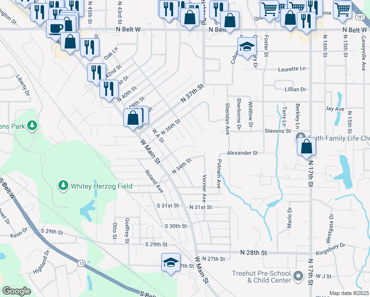 map of restaurants, bars, coffee shops, grocery stores, and more near 118 North 35th Street in Belleville