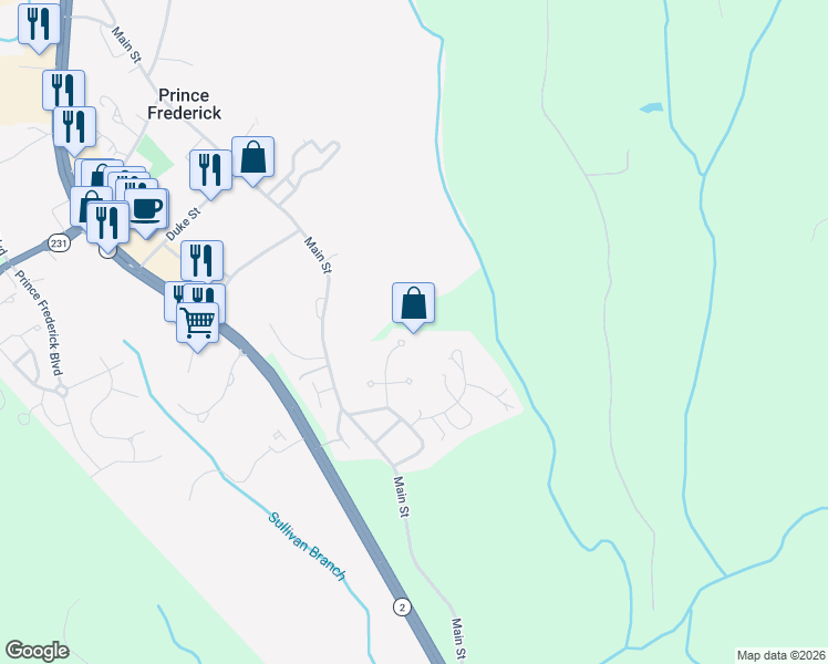 map of restaurants, bars, coffee shops, grocery stores, and more near 801 Calvert Towne Drive in Prince Frederick