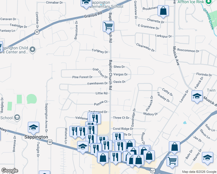 map of restaurants, bars, coffee shops, grocery stores, and more near 10080 Ella Mary Court in Sappington