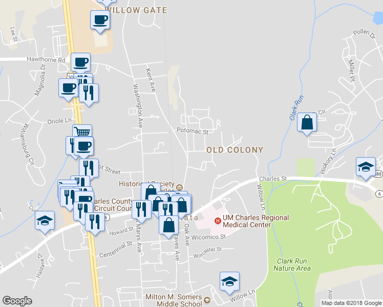 map of restaurants, bars, coffee shops, grocery stores, and more near 224 Dorchester Court in La Plata