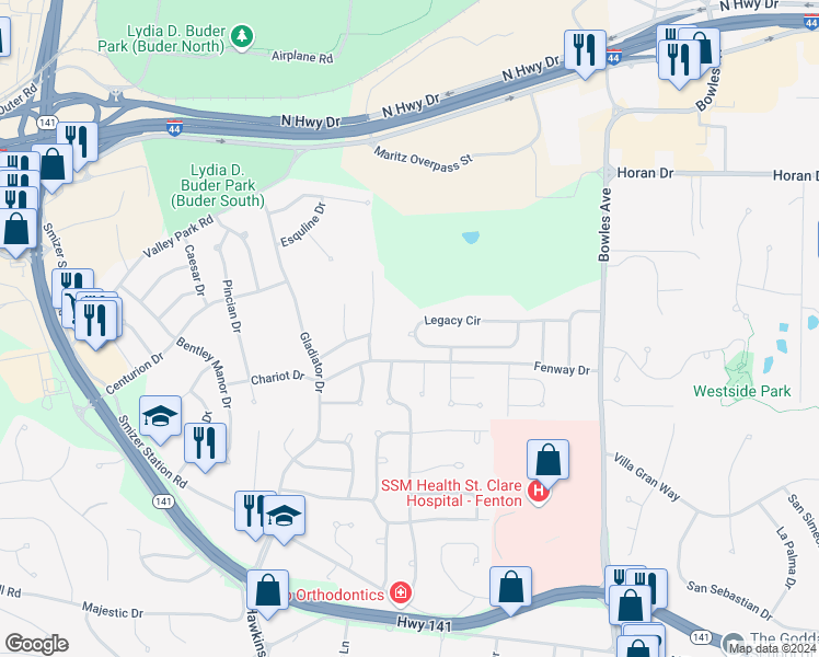map of restaurants, bars, coffee shops, grocery stores, and more near 1495 Legacy Circle in Fenton