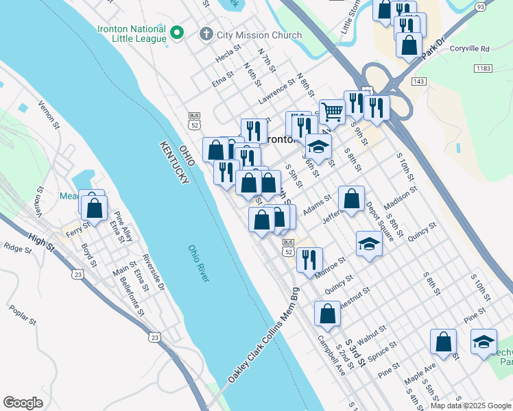 map of restaurants, bars, coffee shops, grocery stores, and more near 308 South 3rd Street in Ironton