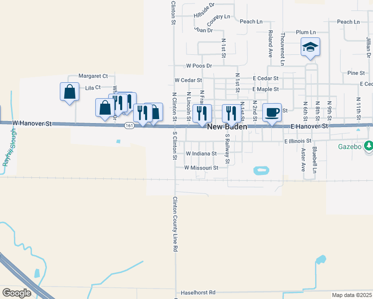 map of restaurants, bars, coffee shops, grocery stores, and more near 210 West Indiana Street in New Baden