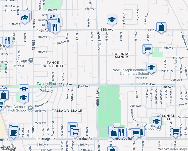map of restaurants, bars, coffee shops, grocery stores, and more near 4601 65th Street in Sacramento