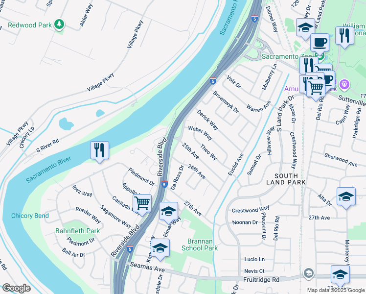 map of restaurants, bars, coffee shops, grocery stores, and more near 4601 Riverside Boulevard in Sacramento