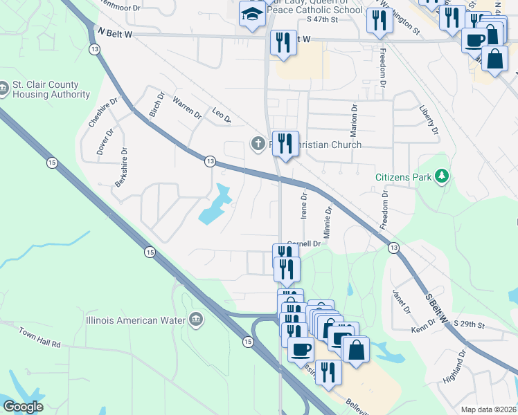 map of restaurants, bars, coffee shops, grocery stores, and more near 230 Hickory Ridge in Belleville