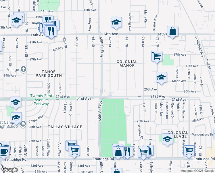 map of restaurants, bars, coffee shops, grocery stores, and more near 4620 67th Street in Sacramento
