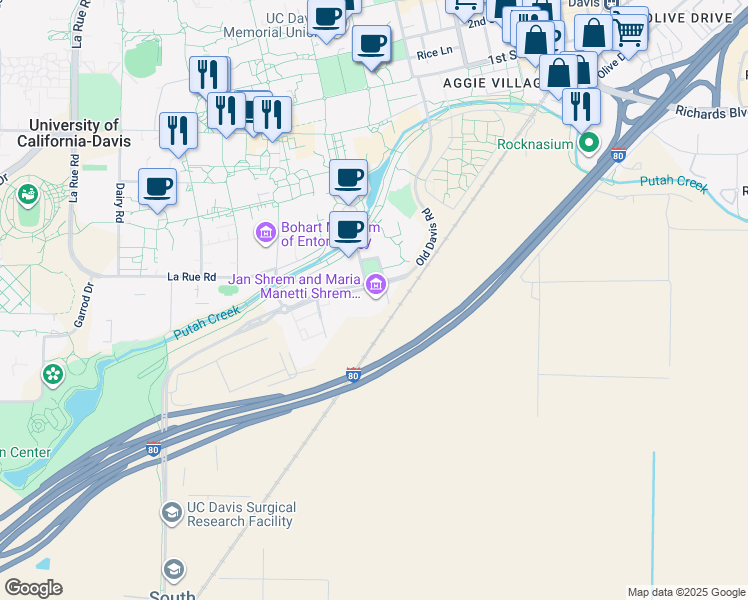 map of restaurants, bars, coffee shops, grocery stores, and more near 254 Old Davis Road in Davis