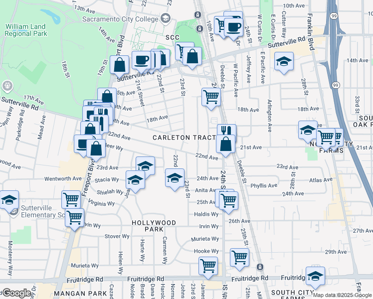 map of restaurants, bars, coffee shops, grocery stores, and more near 2305 22nd Avenue in Sacramento