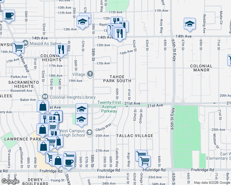 map of restaurants, bars, coffee shops, grocery stores, and more near 4500 60th Street in Sacramento