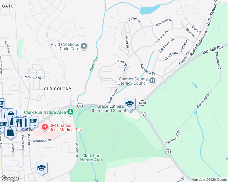 map of restaurants, bars, coffee shops, grocery stores, and more near 104 Burning Bush Court in La Plata