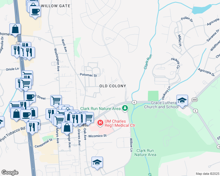 map of restaurants, bars, coffee shops, grocery stores, and more near 837 Laurel Lane in La Plata