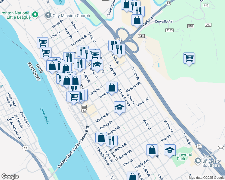 map of restaurants, bars, coffee shops, grocery stores, and more near 602 South 7th Street in Ironton