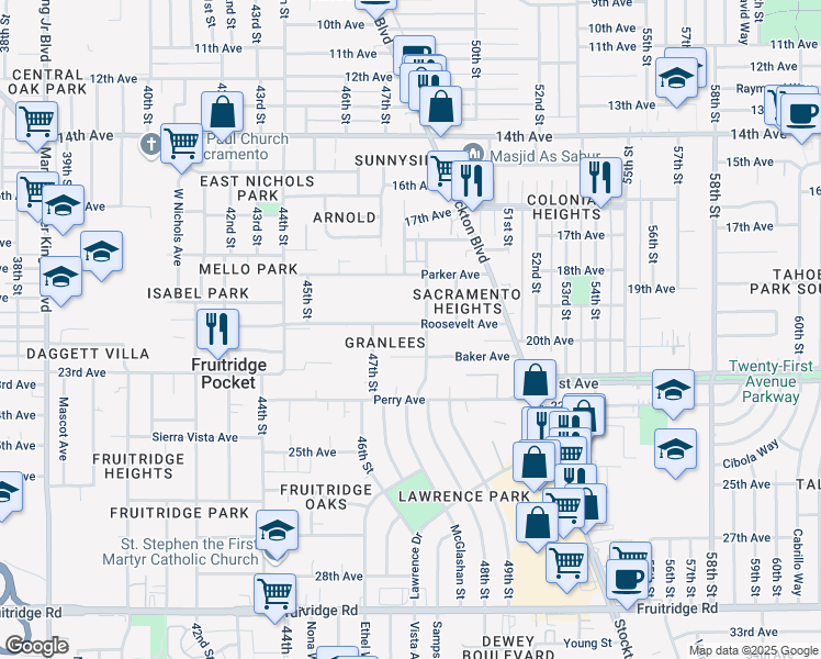 map of restaurants, bars, coffee shops, grocery stores, and more near 4732 Roosevelt Avenue in Sacramento