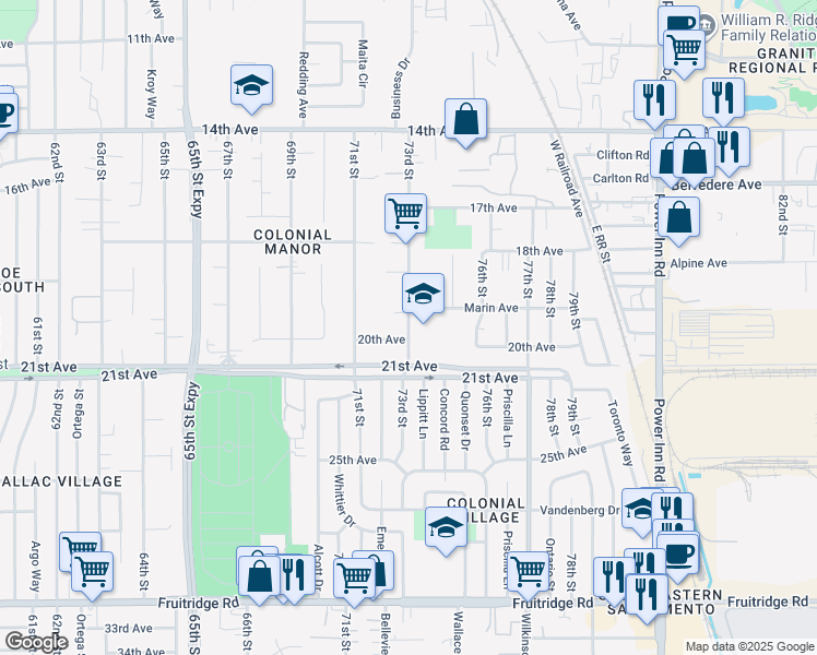 map of restaurants, bars, coffee shops, grocery stores, and more near 4592 73rd Street in Sacramento
