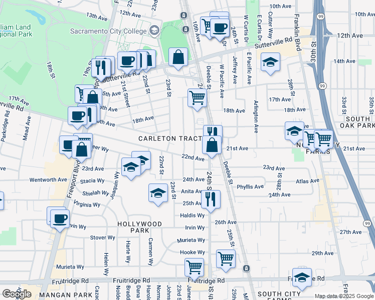 map of restaurants, bars, coffee shops, grocery stores, and more near 4531 Custis Avenue in Sacramento