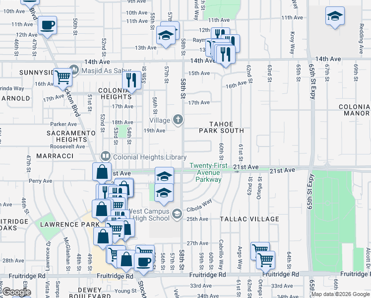 map of restaurants, bars, coffee shops, grocery stores, and more near 5801 20th Avenue in Sacramento