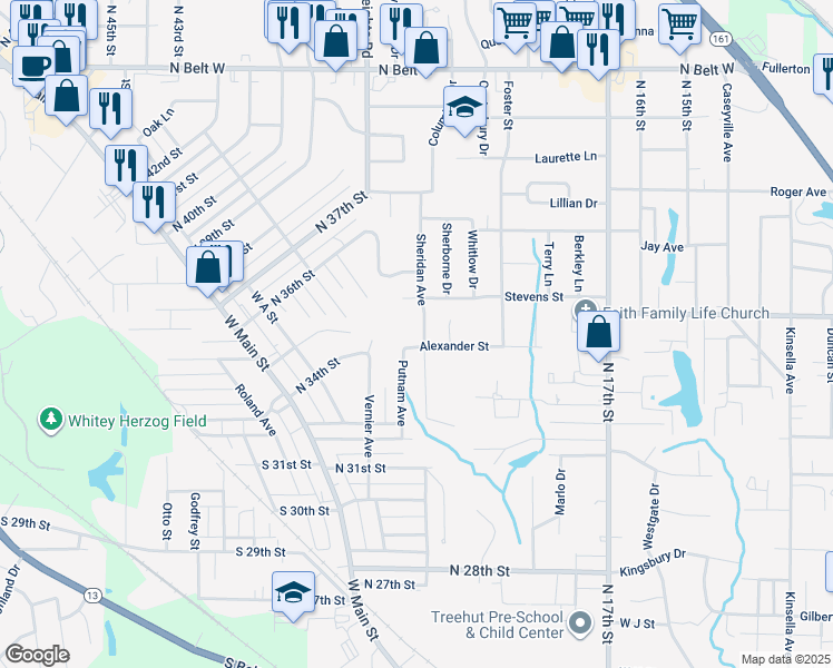 map of restaurants, bars, coffee shops, grocery stores, and more near 3406 Sheridan Avenue in Belleville
