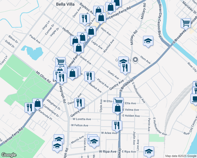 map of restaurants, bars, coffee shops, grocery stores, and more near 353 Placid Avenue in St. Louis