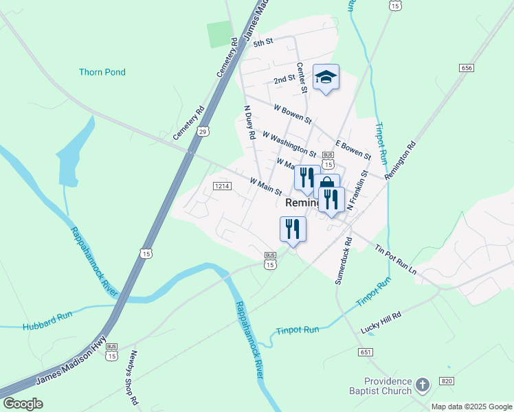 map of restaurants, bars, coffee shops, grocery stores, and more near 102 Freemans Ford Road in Remington