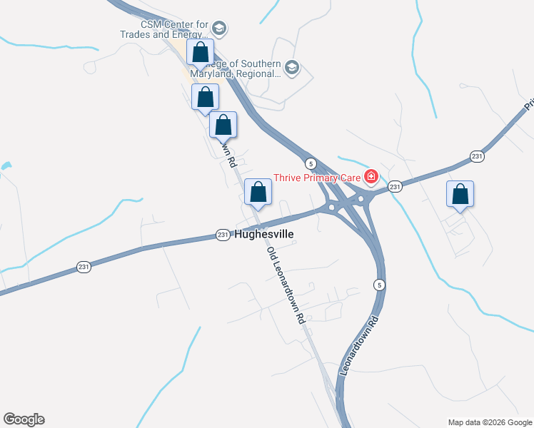 map of restaurants, bars, coffee shops, grocery stores, and more near 15190 Prince Frederick Road in Hughesville