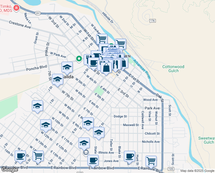 map of restaurants, bars, coffee shops, grocery stores, and more near 320 E Street in Salida