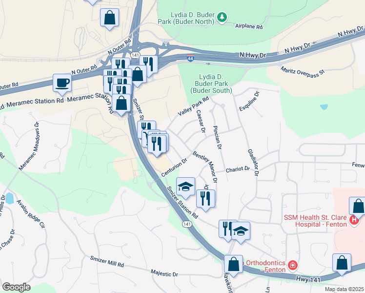 map of restaurants, bars, coffee shops, grocery stores, and more near 2014 Bentley Manor Drive in Fenton