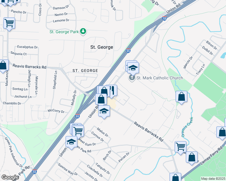 map of restaurants, bars, coffee shops, grocery stores, and more near 1910 Union Road in St. Louis