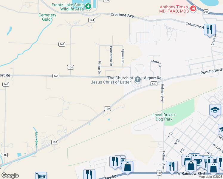 map of restaurants, bars, coffee shops, grocery stores, and more near 7680 County Road 140 in Salida