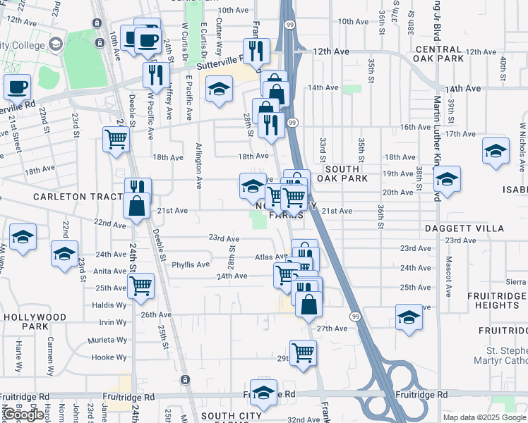 map of restaurants, bars, coffee shops, grocery stores, and more near 2930 21st Avenue in Sacramento