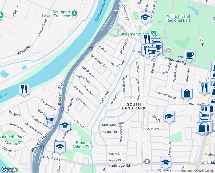map of restaurants, bars, coffee shops, grocery stores, and more near 4402 Euclid Avenue in Sacramento