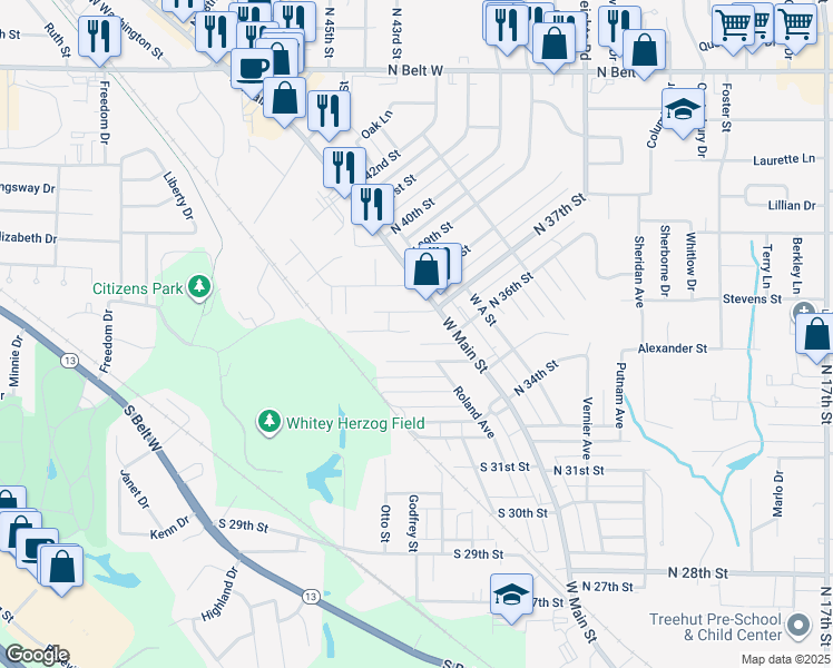 map of restaurants, bars, coffee shops, grocery stores, and more near 53 Kingery Court in Belleville