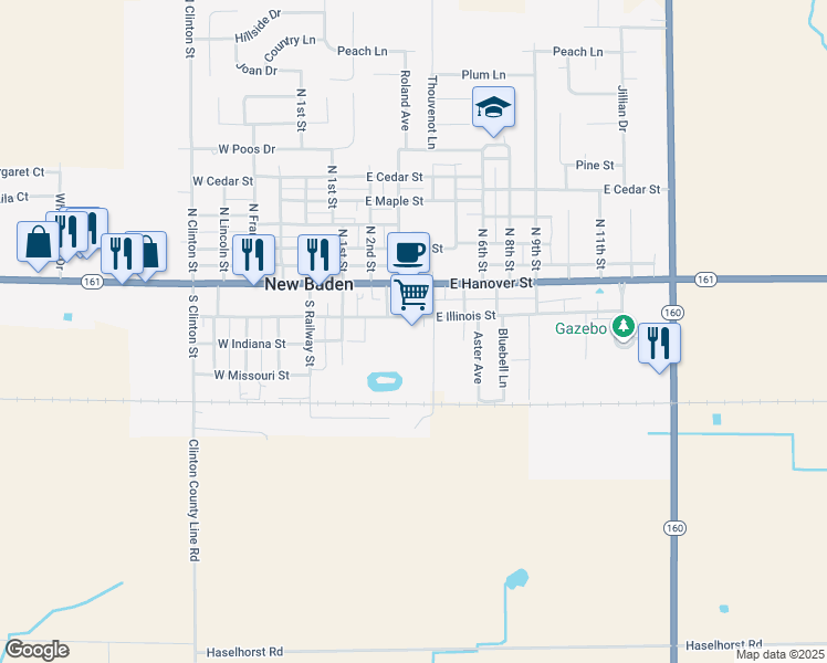 map of restaurants, bars, coffee shops, grocery stores, and more near 305 East Illinois Street in New Baden