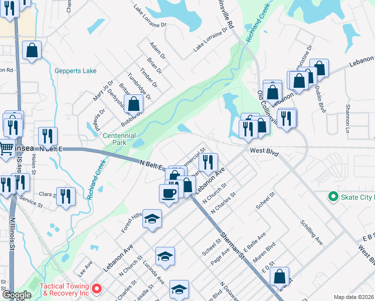 map of restaurants, bars, coffee shops, grocery stores, and more near 1411 Commercial Street in Belleville