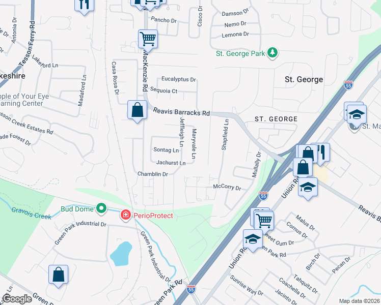 map of restaurants, bars, coffee shops, grocery stores, and more near 10143 Maryvale Lane in Affton