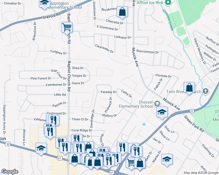 map of restaurants, bars, coffee shops, grocery stores, and more near 10105 Pickwick Drive in St. Louis