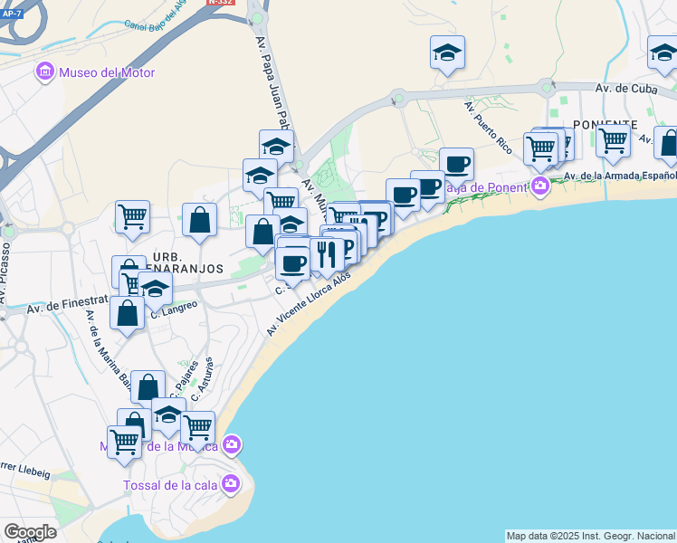 map of restaurants, bars, coffee shops, grocery stores, and more near 14 Avenida Vicente Llorca Alós in Benidorm