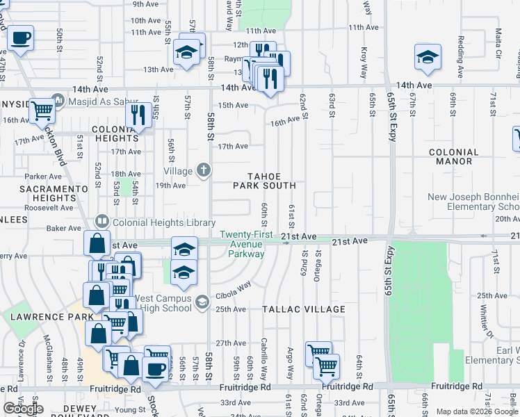 map of restaurants, bars, coffee shops, grocery stores, and more near 4500 60th Street in Sacramento