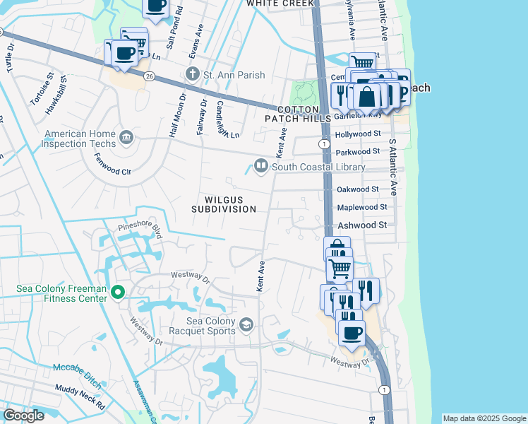 map of restaurants, bars, coffee shops, grocery stores, and more near 67 Kent Avenue in Bethany Beach
