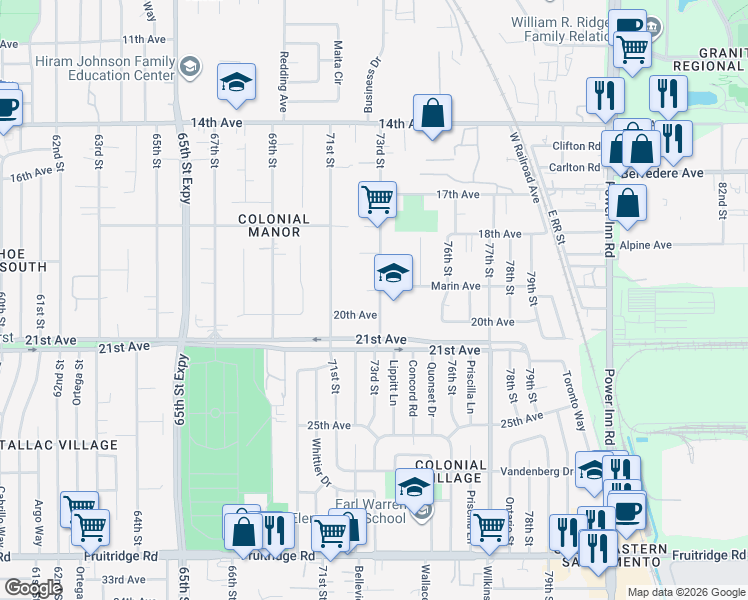map of restaurants, bars, coffee shops, grocery stores, and more near 4592 73rd Street in Sacramento